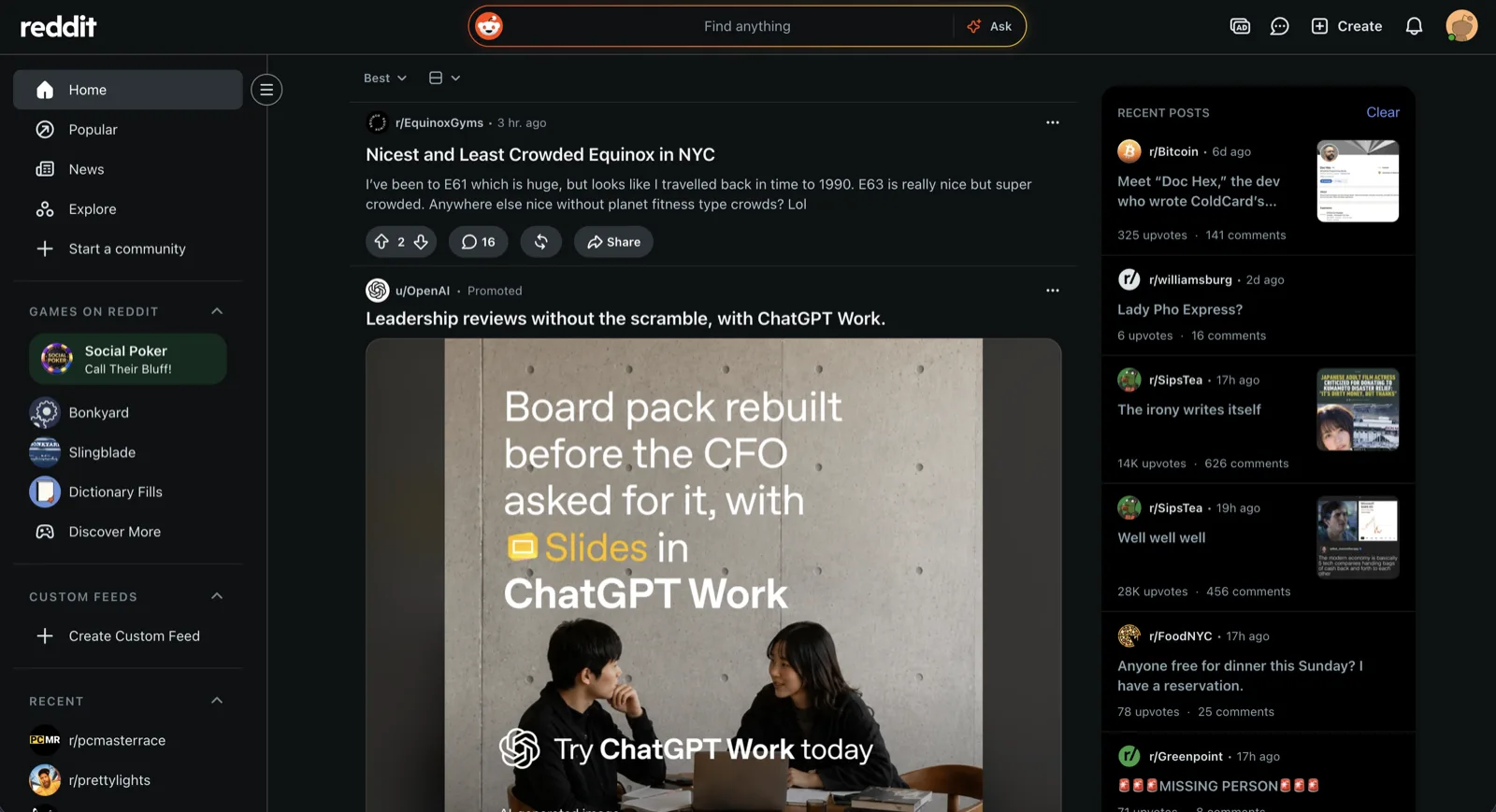 The Reddit Home feed before Not for You, with the promoted post, the Advertise button and the Games on Reddit section highlighted; the extension removes each of them.