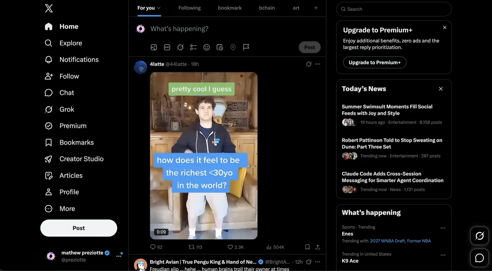 The X home timeline before Not for You, open on the For You tab, with the sidebar of trends, news and Premium upsells highlighted; the extension switches to Following and hides the sidebar.