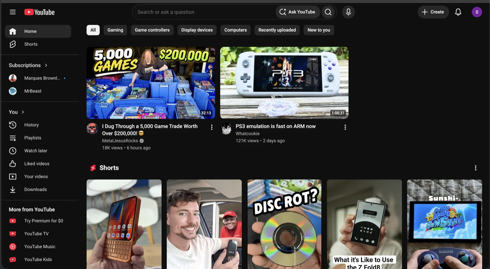 The YouTube Home feed before Not for You, with the recommendation grid and the Shorts shelf highlighted; the extension skips this page for Subscriptions and hides Shorts.