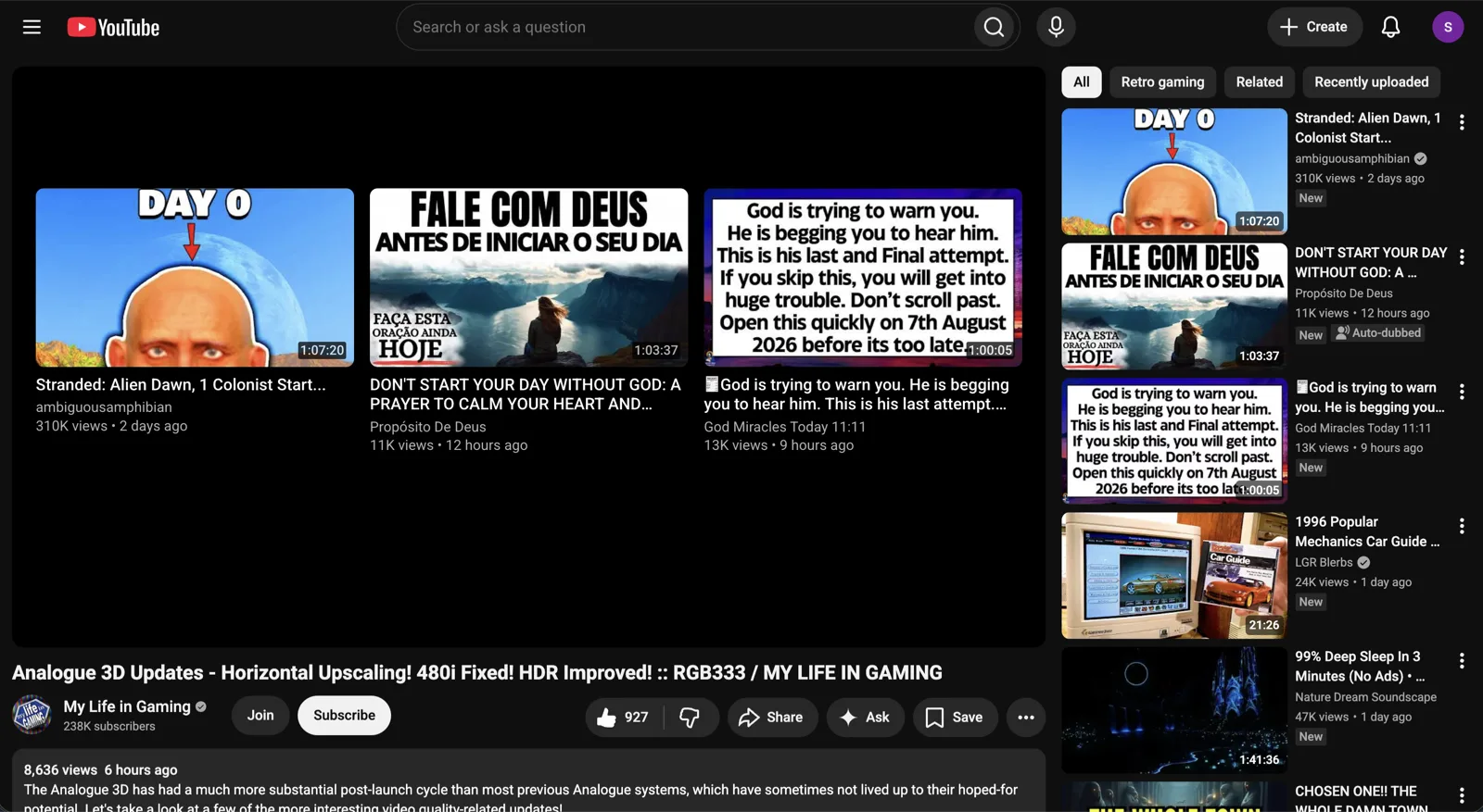 A YouTube watch page before Not for You, with the up-next sidebar and the end-of-video wall of suggested videos highlighted; the extension hides both.